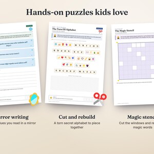 Op de afbeelding: Drie printbare activiteitenbladen getiteld Hands-on puzzles kids love. De pagina's bevatten Frozen Notes met spiegelschrift, The Torn Elf Alphabet met uit te knippen letters en The Magic Stencil met een raster om verborgen woorden te onthullen.