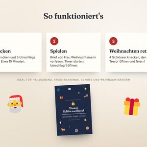 May include: An instructional graphic titled So funktioniert's with three steps: 1. Drucken, 2. Spielen, 3. Weihnachten retten. Below, a dark blue game cover titled Mission Schlittenschl&uuml;ssel features icons of a key, star, and gift, flanked by a Santa face and a yellow gift box.