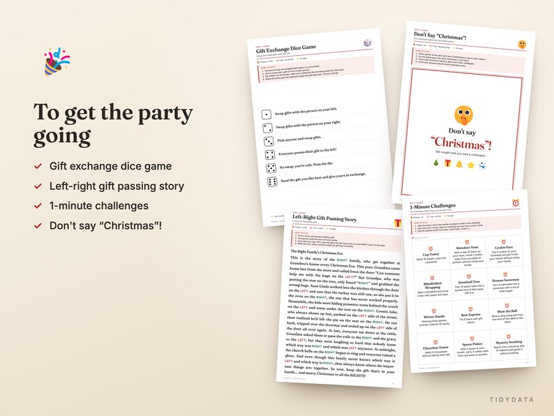 May include: A set of four white printable game sheets for holiday parties. The documents include a Gift Exchange Dice Game, a Don't Say Christmas game, a Left-Right Gift Passing Story, and a grid of 1-minute challenges with text.