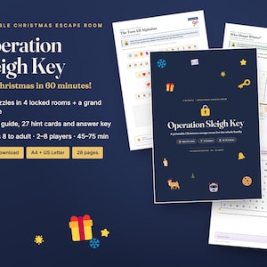 Puede incluir: Un kit de escape room navide&ntilde;o imprimible titulado Operation Sleigh Key. El set incluye 28 p&aacute;ginas con 9 acertijos, 4 habitaciones cerradas, una gu&iacute;a, 27 tarjetas de pistas y una hoja de respuestas. El dise&ntilde;o presenta un fondo azul oscuro con texto en amarillo y blanco e iconos navide&ntilde;os como regalos, llaves y copos de nieve.
