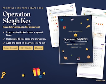 Weihnachts-Escape-Room zum Ausdrucken für Kinder und Familie · Operation Sleigh Key · 9 Rätsel, Hinweise, Lösungen · Weihnachtsspiel (PDF)