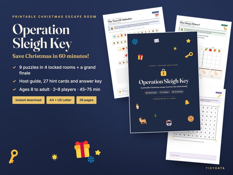 Puede incluir: Un kit de escape room navide&ntilde;o imprimible titulado Operation Sleigh Key. El set incluye 28 p&aacute;ginas con 9 acertijos, 4 habitaciones cerradas, una gu&iacute;a, 27 tarjetas de pistas y una hoja de respuestas. El dise&ntilde;o presenta un fondo azul oscuro con texto en amarillo y blanco e iconos navide&ntilde;os como regalos, llaves y copos de nieve.