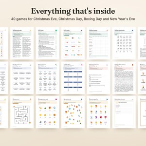 May include: A collection of 40 printable game sheets for holiday celebrations, featuring titles like Everything that's inside, Christmas Eve, Christmas Day, Boxing Day and New Year's Eve. The pages include word searches, mazes, and trivia.