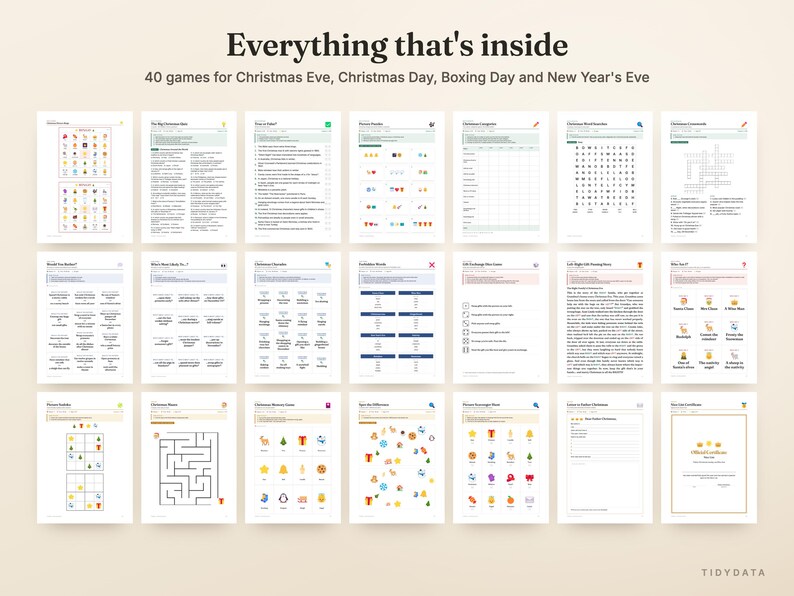 May include: A collection of 40 printable game sheets for holiday celebrations, featuring titles like Everything that's inside, Christmas Eve, Christmas Day, Boxing Day and New Year's Eve. The pages include word searches, mazes, and trivia.