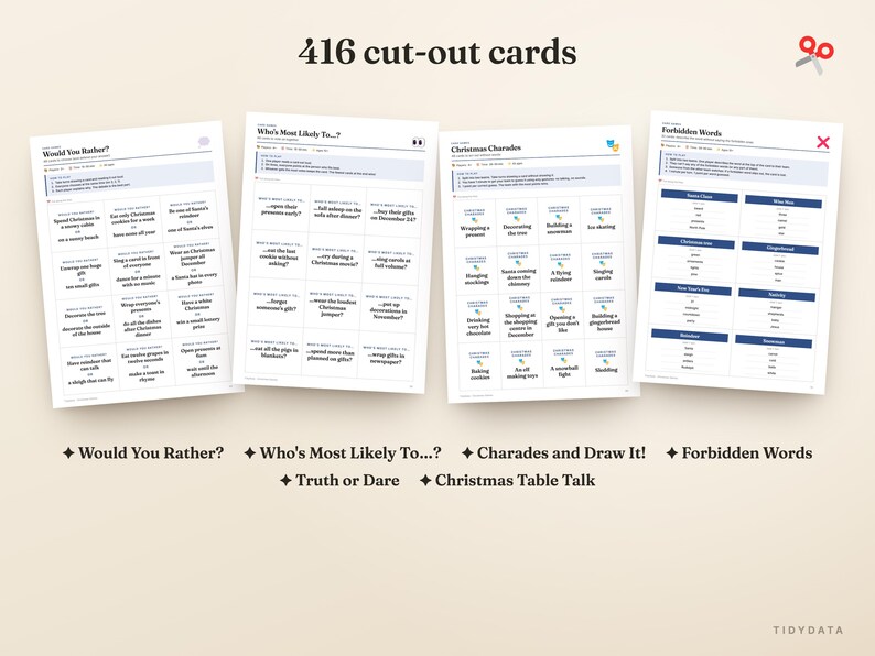 May include: A set of 416 cut-out cards featuring Christmas-themed games including Would You Rather, Who's Most Likely To, Christmas Charades, and Forbidden Words. The white paper sheets contain black text and blue headers for each game.