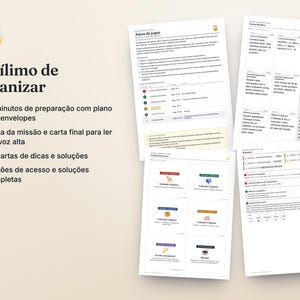 May include: A set of printed game instructions and cards in Portuguese, featuring the title Fac&iacute;limo de organizar, a list of setup requirements, mission cards, clue cards, and solution sheets with text and colourful icons on white paper.