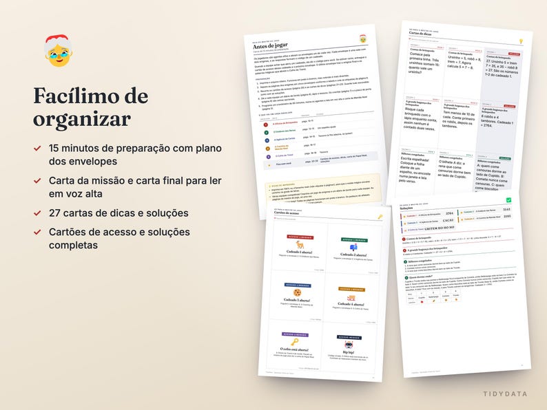 May include: A set of printed game instructions and cards in Portuguese, featuring the title Fac&iacute;limo de organizar, a list of setup requirements, mission cards, clue cards, and solution sheets with text and colourful icons on white paper.