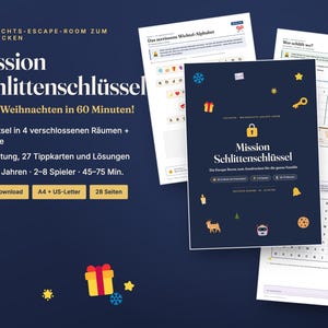 May include: A printable Christmas escape room game titled Mission Schlittenschl&uuml;ssel. The set includes a dark blue cover page with a yellow lock icon, plus multiple activity sheets featuring puzzles, a word search, and Christmas-themed icons like gifts, keys, and stars.