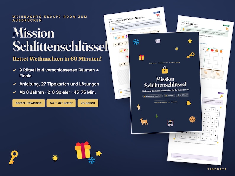 May include: A printable Christmas escape room game titled Mission Schlittenschl&uuml;ssel. The set includes a dark blue cover page with a yellow lock icon, plus multiple activity sheets featuring puzzles, a word search, and Christmas-themed icons like gifts, keys, and stars.