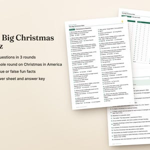 May include: A printed Christmas quiz set featuring The Big Christmas Quiz title, 60 questions across 3 rounds, a round on Christmas in America, 40 true or false facts, an answer sheet, and an answer key on white paper sheets.
