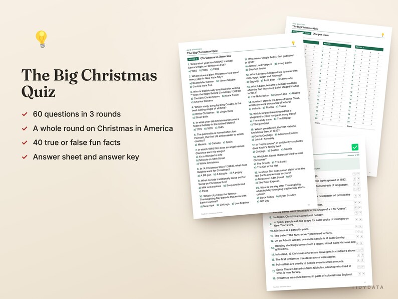 May include: A printed Christmas quiz set featuring The Big Christmas Quiz title, 60 questions across 3 rounds, a round on Christmas in America, 40 true or false facts, an answer sheet, and an answer key on white paper sheets.