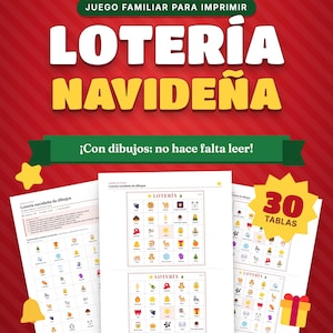 Puede incluir: Un juego familiar de Lotería navideña para imprimir con 30 tablas y 40 cartas. El fondo rojo muestra el texto JUEGO FAMILIAR PARA IMPRIMIR, LOTERÍA NAVIDEÑA y ¡Con dibujos: no hace falta leer! decorado con luces navideñas.