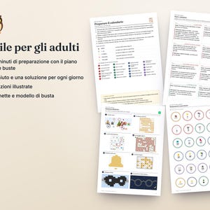 May include: A set of printed activity sheets featuring an owl icon, the text Facile per gli adulti, and instructions for an advent calendar. The pages include numbered circles, maze puzzles, grid patterns, and written guides for daily preparation and assembly.