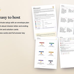 Puede incluir: Un kit de juego imprimible que consta de tres p&aacute;ginas blancas con texto negro e iconos coloridos. El texto incluye 'So easy to host', 'Before the game', 'Hint cards' y 'Answer key'. Las p&aacute;ginas contienen instrucciones, acertijos l&oacute;gicos y soluciones para una actividad grupal.