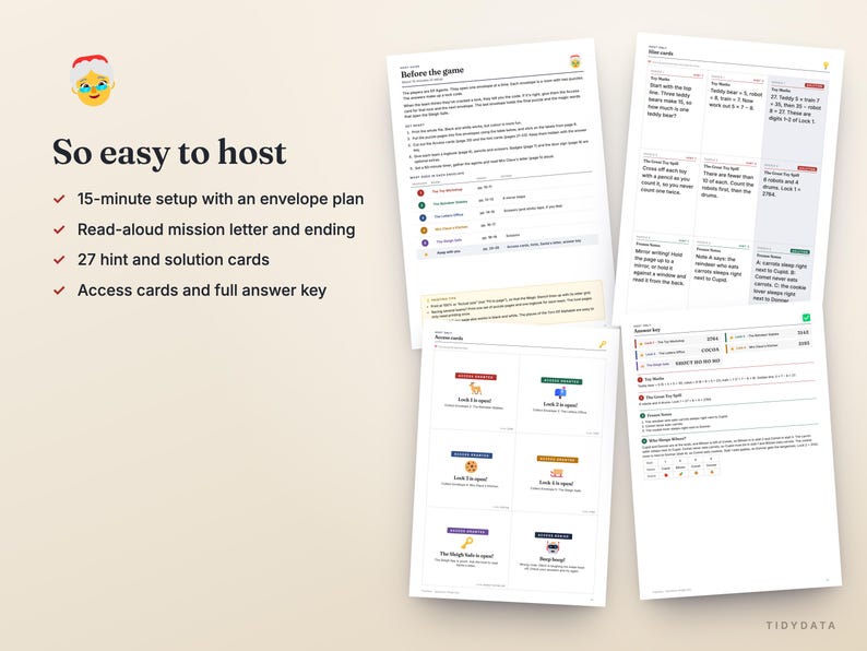 Puede incluir: Un kit de juego imprimible que consta de tres p&aacute;ginas blancas con texto negro e iconos coloridos. El texto incluye 'So easy to host', 'Before the game', 'Hint cards' y 'Answer key'. Las p&aacute;ginas contienen instrucciones, acertijos l&oacute;gicos y soluciones para una actividad grupal.