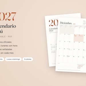 Op de afbeelding: Een printbare 2027 Peru-kalender als PDF met een maandoverzicht voor december, inclusief data, maanfasen en offici&euml;le feestdagen. Het ontwerp bevat Spaanse tekst, een overzichtelijke lay-out op een beige achtergrond en notitieruimte.