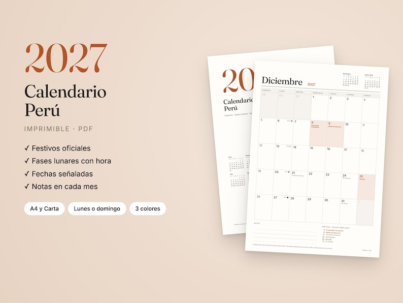 Op de afbeelding: Een printbare 2027 Peru-kalender als PDF met een maandoverzicht voor december, inclusief data, maanfasen en offici&euml;le feestdagen. Het ontwerp bevat Spaanse tekst, een overzichtelijke lay-out op een beige achtergrond en notitieruimte.