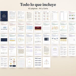Op de afbeelding: Een verzameling van 42 printbare pagina's in A4- en Letter-formaat, met diverse educatieve activiteiten, werkbladen en spellen. De set bevat tekstgebaseerde oefeningen, doolhoven en visuele puzzels met een donkerblauwe omslag.