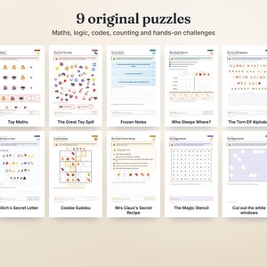 Puede incluir: Una colecci&oacute;n de 9 hojas de actividades de rompecabezas originales con desaf&iacute;os de matem&aacute;ticas, l&oacute;gica, c&oacute;digos y conteo. Los t&iacute;tulos incluyen Toy Maths, The Great Toy Spill, Frozen Notes, Who Sleeps Where?, The Torn Elf Alphabet, Glitch's Secret Letter, Cookie Sudoku, Mrs Claus's Secret Recipe y The Magic Stencil.