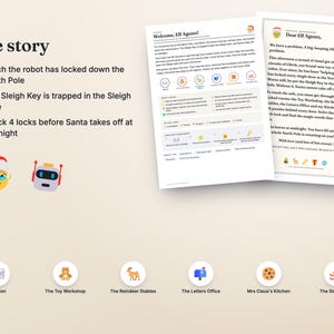 Puede incluir: Un juego imprimible titulado Welcome, Elf Agents! con una historia sobre el robot Glitch bloqueando el Polo Norte. Incluye instrucciones, iconos de misi&oacute;n para el taller de juguetes, establos de renos, oficina de correos, cocina de la Sra. Claus y la caja fuerte del trineo, adem&aacute;s de una carta.