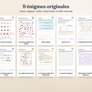 May include: A collection of nine printable activity sheets titled 9 &eacute;nigmes originales, featuring logic puzzles, math problems, and visual challenges with icons, grids, and text in French, designed for educational engagement and problem-solving tasks.