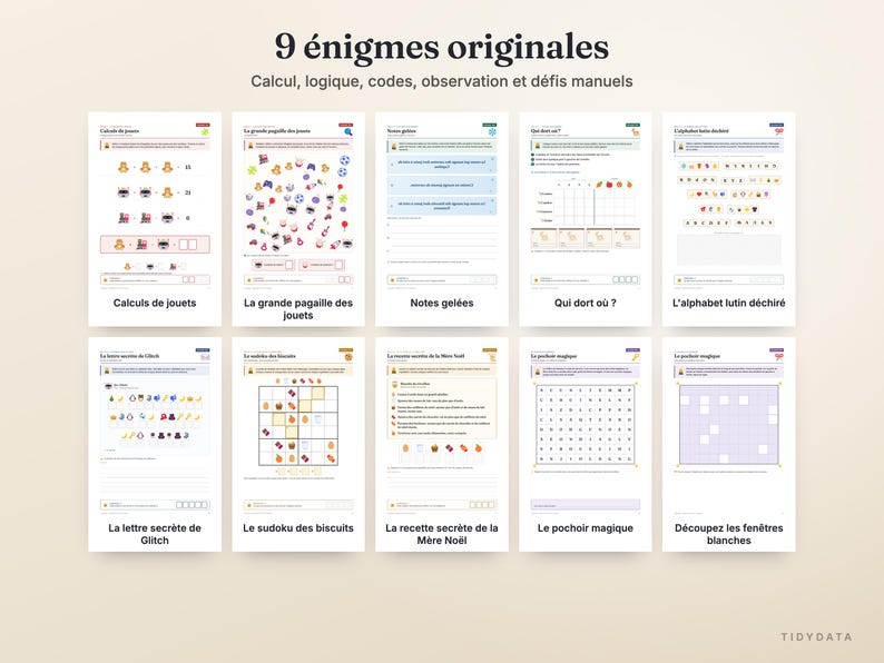 May include: A collection of nine printable activity sheets titled 9 &eacute;nigmes originales, featuring logic puzzles, math problems, and visual challenges with icons, grids, and text in French, designed for educational engagement and problem-solving tasks.