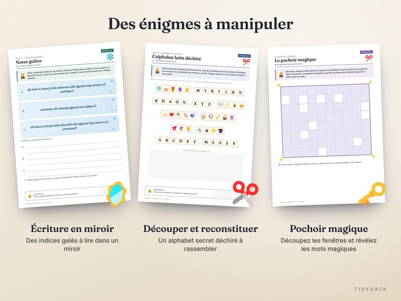 May include: Three activity sheets titled Des &eacute;nigmes &agrave; manipuler, featuring puzzles like Notes gel&eacute;es, L'alphabet lutin d&eacute;chir&eacute;, and Le pochoir magique. The pages include text, letter cutouts, a grid, and icons of a mirror, scissors, and a key.