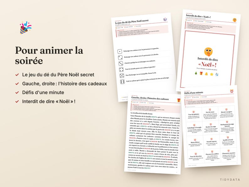 Peut inclure: Quatre feuilles de jeux imprim&eacute;es pour les f&ecirc;tes, incluant Le jeu du d&eacute; du P&egrave;re No&euml;l secret, Interdit de dire No&euml;l et Gauche, droite : l'histoire des cadeaux, avec des instructions, des listes et des ic&ocirc;nes th&eacute;matiques.