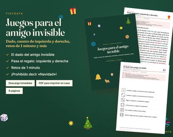 Spanische Geschenkeaustauschspiele zum Ausdrucken · Juegos Amigo Invisible · Weihnachtswürfelspiel und Links-Rechts-Geschichte auf Spanisch (PDF)