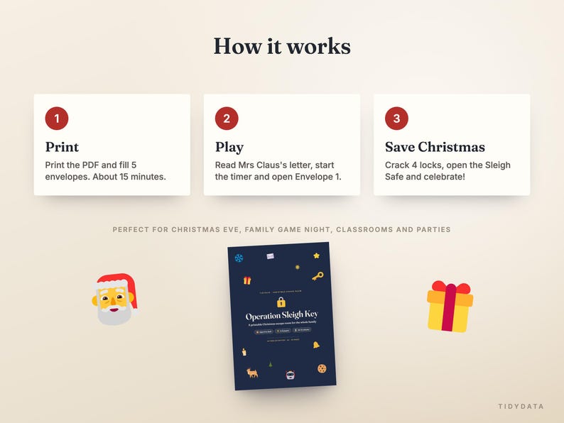 Puede incluir: Un juego imprimible titulado Operation Sleigh Key con instrucciones: 1. Imprimir, 2. Jugar, 3. Salvar la Navidad. La portada azul oscuro presenta un icono de candado dorado, peque&ntilde;os gr&aacute;ficos navide&ntilde;os y el texto Operation Sleigh Key.