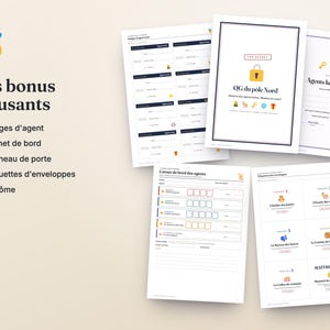 May include: A collection of printable activity sheets featuring a gold medal icon and the text Des bonus amusants. The documents include agent badges, a logbook, a door sign, envelope labels, and a diploma, all with North Pole themes.