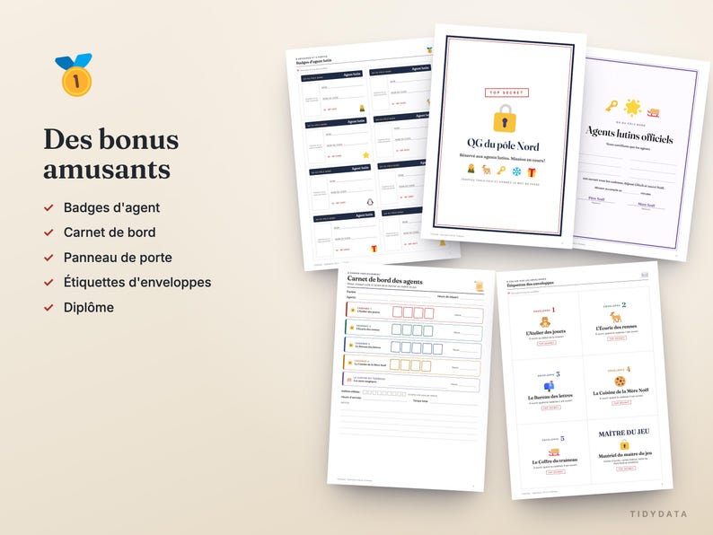 May include: A collection of printable activity sheets featuring a gold medal icon and the text Des bonus amusants. The documents include agent badges, a logbook, a door sign, envelope labels, and a diploma, all with North Pole themes.