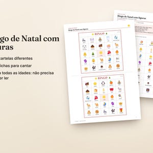 May include: A Christmas bingo game set featuring printed cards with colorful holiday-themed icons. The text reads Bingo de Natal com figuras, 30 cartelas diferentes, 40 fichas para cantar, and Para todas as idades: n&atilde;o precisa saber ler.