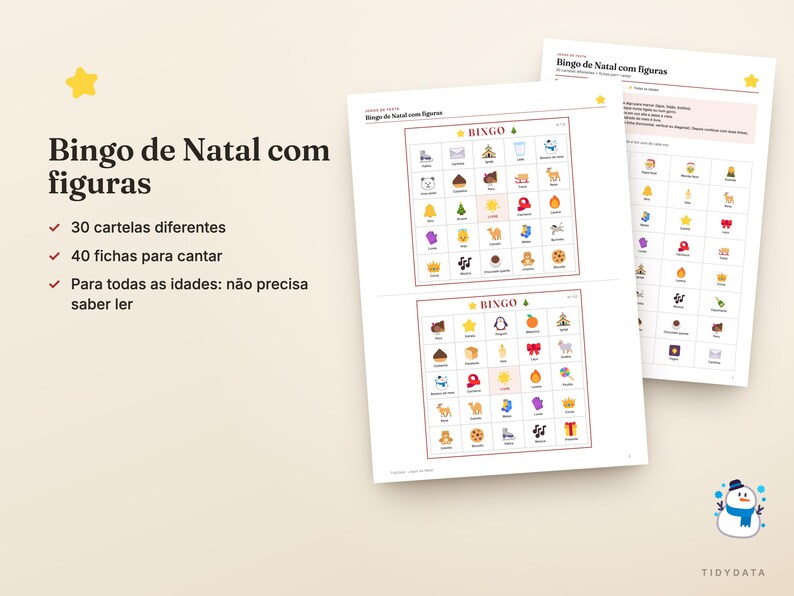 May include: A Christmas bingo game set featuring printed cards with colorful holiday-themed icons. The text reads Bingo de Natal com figuras, 30 cartelas diferentes, 40 fichas para cantar, and Para todas as idades: n&atilde;o precisa saber ler.