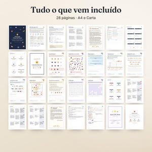 May include: A collection of 28 printable pages in A4 and Letter sizes, titled "Tudo o que vem inclu&iacute;do". The document set features various activity sheets, including word searches, logic puzzles, checklists, and informational guides with icons.