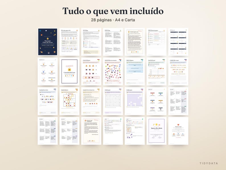 May include: A collection of 28 printable pages in A4 and Letter sizes, titled "Tudo o que vem inclu&iacute;do". The document set features various activity sheets, including word searches, logic puzzles, checklists, and informational guides with icons.