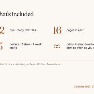 May include: A digital information graphic titled What's included, listing 12 print-ready PDF files, 16 pages in each, 3 colors, 2 sizes, 2 week starts, and infinity symbol for instant download. Text includes Print at home or at a print shop, on A4 or US Letter. Personal use. Calendar 2027 - Canada.