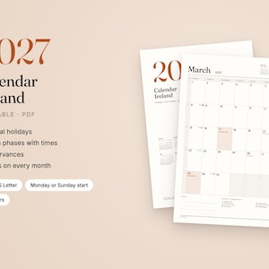 2027 Utskrivbar kalender Irland med helgdagar och månfaser · PDF A4 + US Letter · Måndag eller söndagsstart · Månadsvis, Årsvis bild 1
