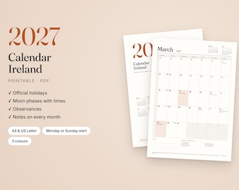 May include: A 2027 printable calendar for Ireland featuring a monthly grid layout. The text includes 2027, Calendar Ireland, Printable PDF, Official holidays, Moon phases with times, Observances, Notes on every month, A4 & US Letter, Monday or Sunday start, and 3 colours.