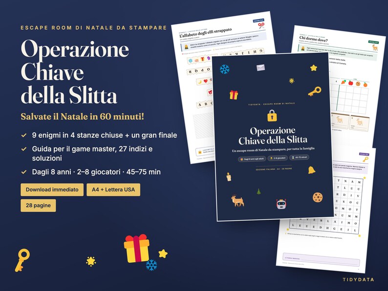 May include: A printable Christmas escape room kit titled Operazione Chiave della Slitta, featuring a dark blue cover with a yellow lock icon and various holiday graphics, alongside several white activity pages with puzzles and text.