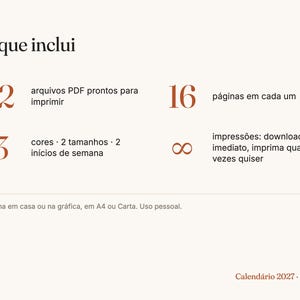 K&ouml;nnte beinhalten: Ein digitales Informationsblatt f&uuml;r einen Kalender 2027 mit dem Text O que inclui, 12 arquivos PDF prontos para imprimir, 16 p&aacute;ginas em cada um, 3 cores, 2 tamanhos, 2 in&iacute;cios de semana, 8 impress&otilde;es, download imediato und Calend&aacute;rio 2027 Brasil.