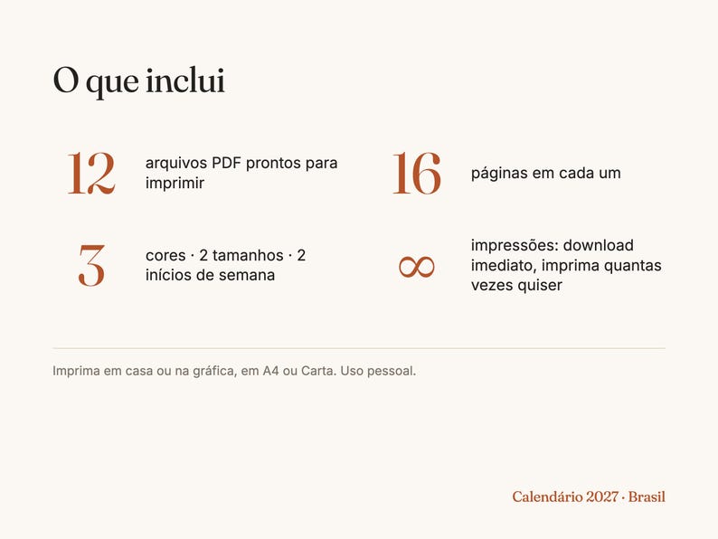 K&ouml;nnte beinhalten: Ein digitales Informationsblatt f&uuml;r einen Kalender 2027 mit dem Text O que inclui, 12 arquivos PDF prontos para imprimir, 16 p&aacute;ginas em cada um, 3 cores, 2 tamanhos, 2 in&iacute;cios de semana, 8 impress&otilde;es, download imediato und Calend&aacute;rio 2027 Brasil.