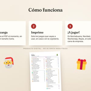 Pu&ograve; includere: Un grafico illustrativo intitolato C&oacute;mo funciona con tre passaggi numerati: 1. Descarga, 2. Imprime, 3. &iexcl;A jugar!. Sotto sono presenti un'icona di Babbo Natale, un pacco regalo e un documento intitolato &Iacute;ndice con un elenco di giochi natalizi.
