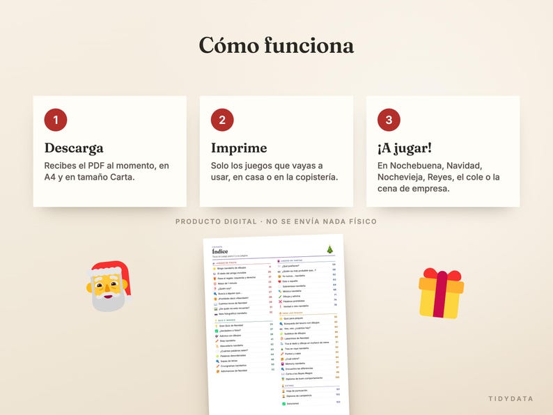Pu&ograve; includere: Un grafico illustrativo intitolato C&oacute;mo funciona con tre passaggi numerati: 1. Descarga, 2. Imprime, 3. &iexcl;A jugar!. Sotto sono presenti un'icona di Babbo Natale, un pacco regalo e un documento intitolato &Iacute;ndice con un elenco di giochi natalizi.