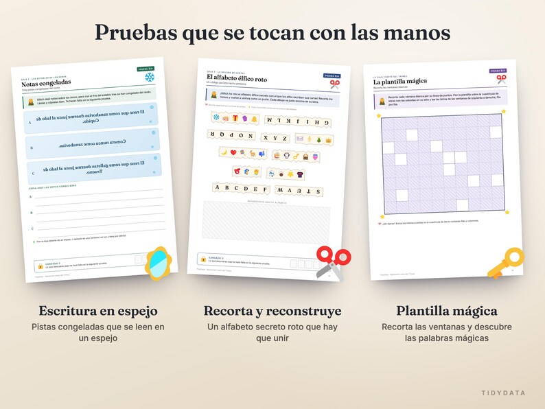 May include: Three educational activity sheets titled Pruebas que se tocan con las manos, featuring Notas congeladas, El alfabeto &eacute;lfico roto, and La plantilla m&aacute;gica. The pages include text, letter cutouts, a grid, and icons like a mirror, scissors, and a key.