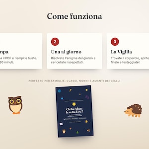May include: An instructional graphic titled Come funziona with three numbered steps: Stampa, Una al giorno, and La Vigilia. Below, a dark blue game cover titled Chi ha rubato la stella d'oro features an owl and hedgehog illustration.