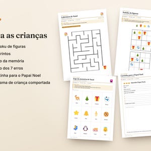 May include: A collection of printable activity sheets for children featuring Christmas themes. The pages include a maze, a picture sudoku, a memory game with icons, and a letter template for Santa Claus, all displayed on a light beige background.