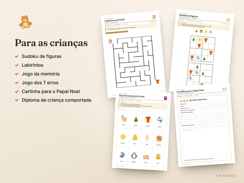 May include: A collection of printable activity sheets for children featuring Christmas themes. The pages include a maze, a picture sudoku, a memory game with icons, and a letter template for Santa Claus, all displayed on a light beige background.