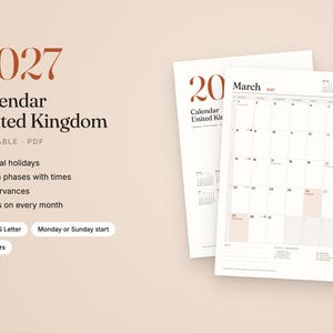 Może przedstawiać: Kalendarz na rok 2027 dla Wielkiej Brytanii w formacie PDF do druku z miesięcznym układem siatki. Tekst zawiera 2027, Calendar United Kingdom, Printable, PDF, Official holidays, Moon phases with times, Observances, Notes on every month, A4 & US Letter, Monday or Sunday start oraz 3 colours.