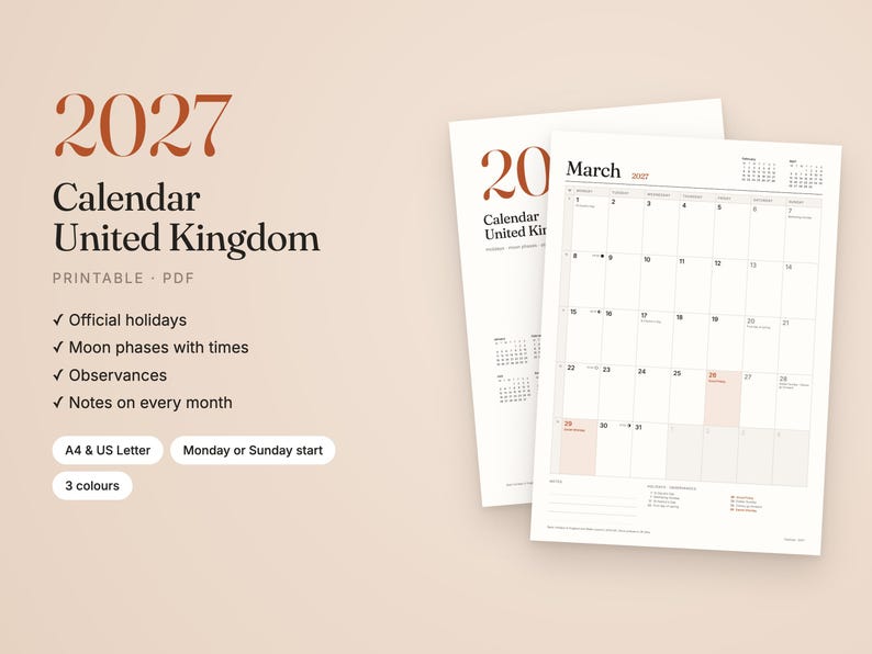 Może przedstawiać: Kalendarz na rok 2027 dla Wielkiej Brytanii w formacie PDF do druku z miesięcznym układem siatki. Tekst zawiera 2027, Calendar United Kingdom, Printable, PDF, Official holidays, Moon phases with times, Observances, Notes on every month, A4 & US Letter, Monday or Sunday start oraz 3 colours.